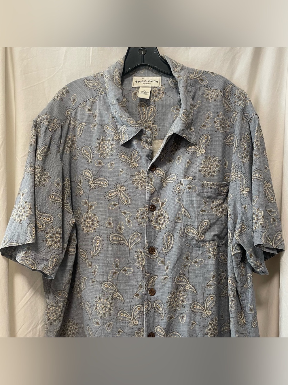 Men's Paisley 100% Silk Short-Sleeve Button-Down Shirt in Light Blue